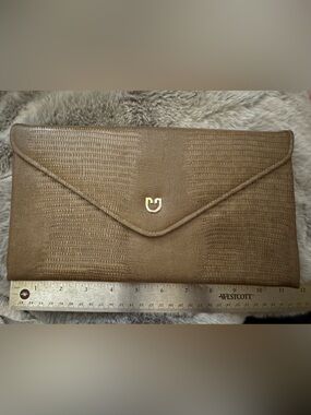 Vintage 70s Stocko Taupe Faux Lizard Skin Envelope Clutch Bag